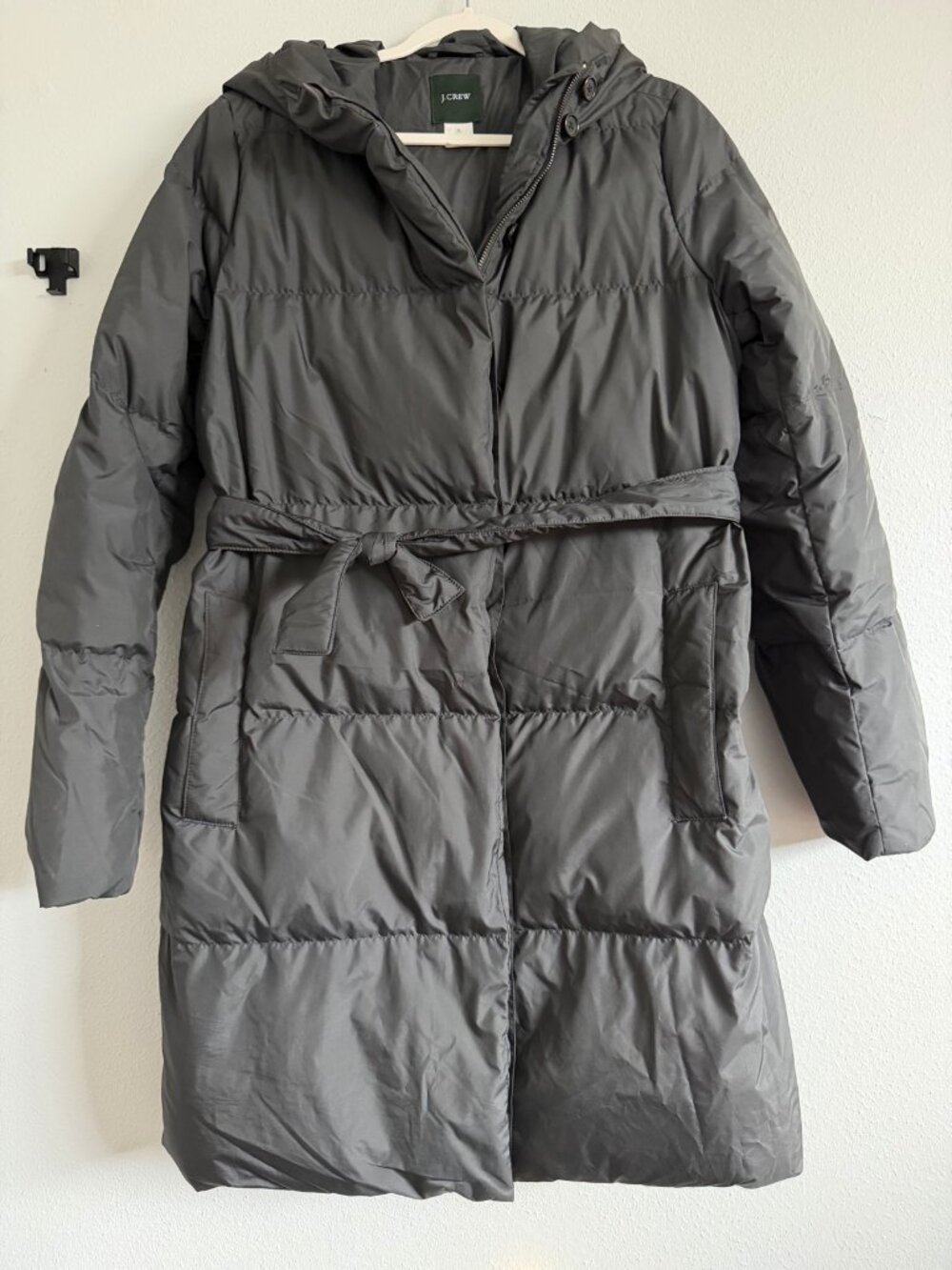J.Crew Long Belted Hooded Puffer Coat Black Size Tall L